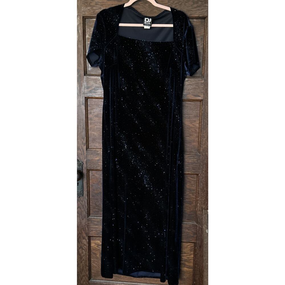 Vtg DJ & Co Navy Blue Glitter Velvet Maxi Dress L Square Neck Cap Sleeve 90s Y2K